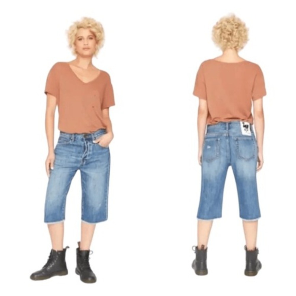 Free People X Sandrine Rose Jean Shorts Jorts Bermuda Hi-Rise Distressed 28 - Picture 6 of 9